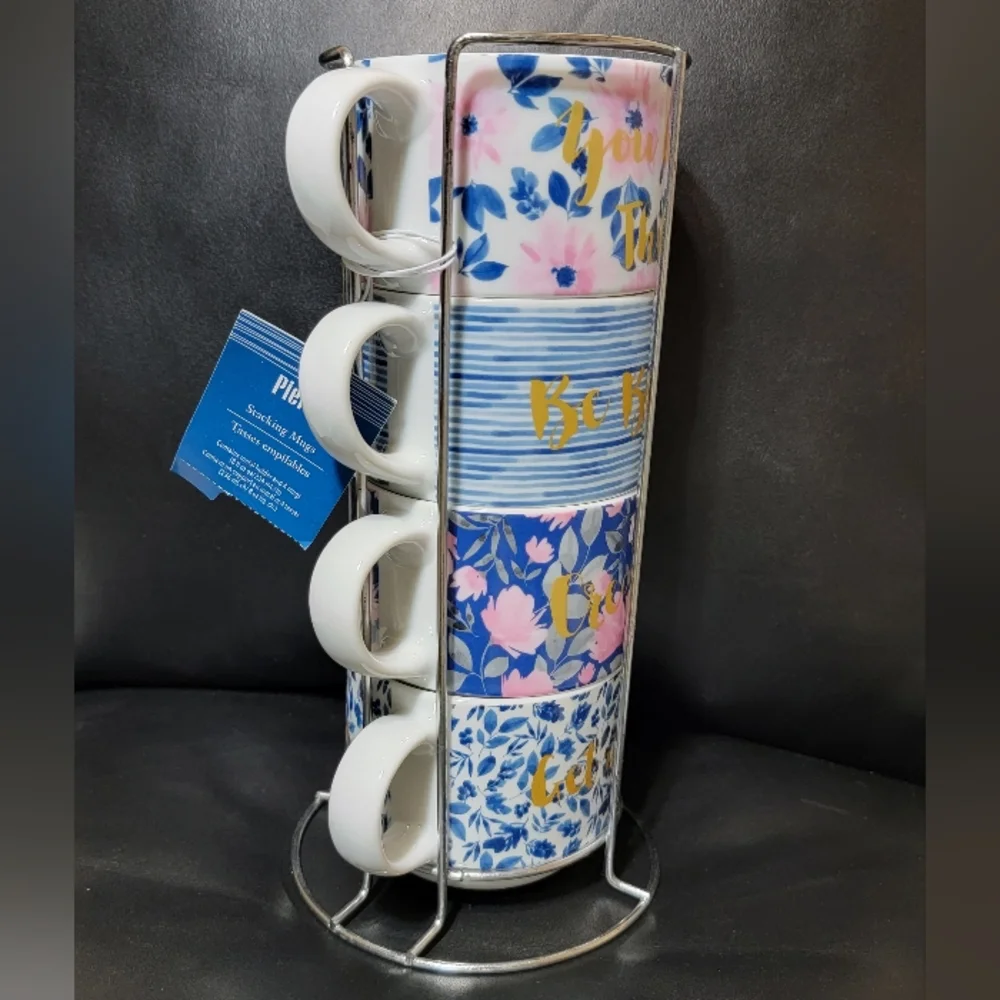 Set Of 4 Blue Pink Floral Tea Cups Stackable Coffee Mugs Pier 1 Imports NWT